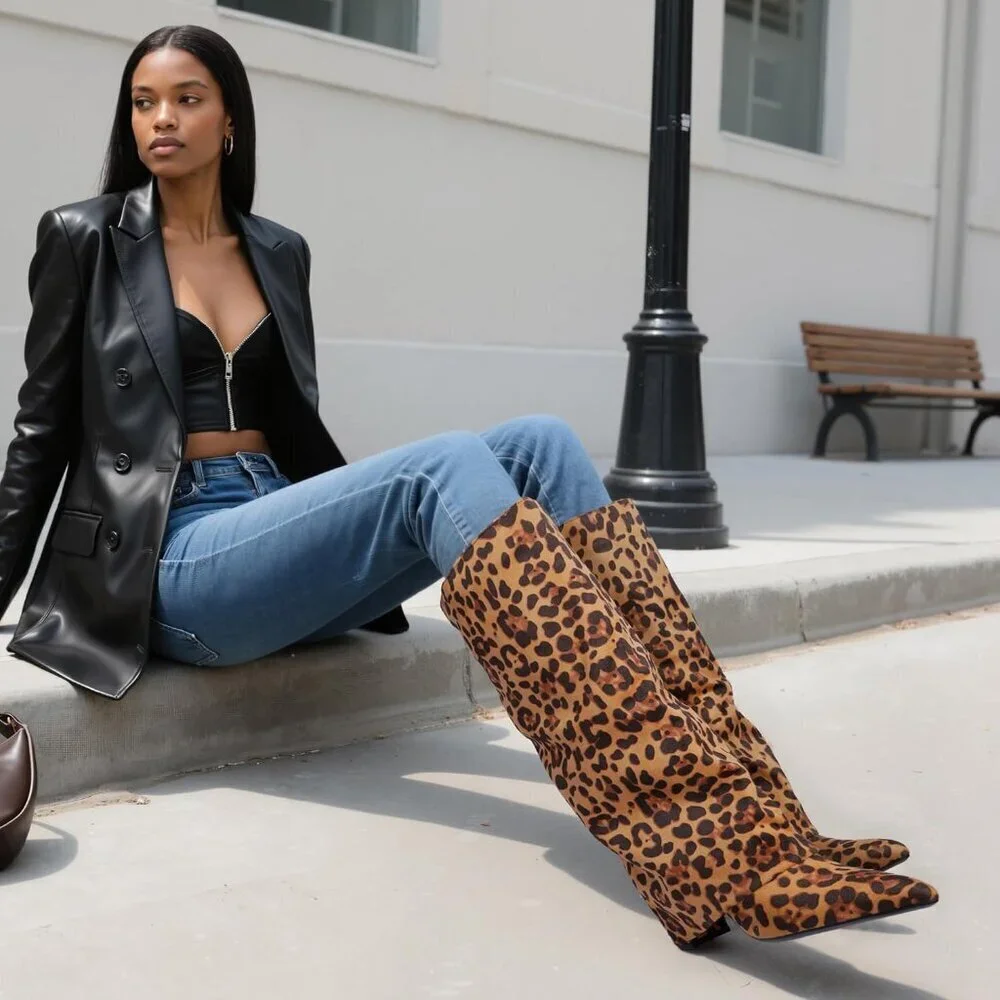 Women Suede leopardFaux Leather Fold Over Knee High Chunky High Heels Boot